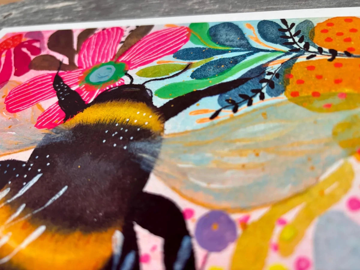 Botanical Bumblebee Garden – Bumble Bee Wall Art, Colourful Watercolour Bee Print, Floral Botanical Illustration, Cottage core Home Décor, Pollinator Art, Landscape A4 Print, Unframed - Erika's Whimsical Art