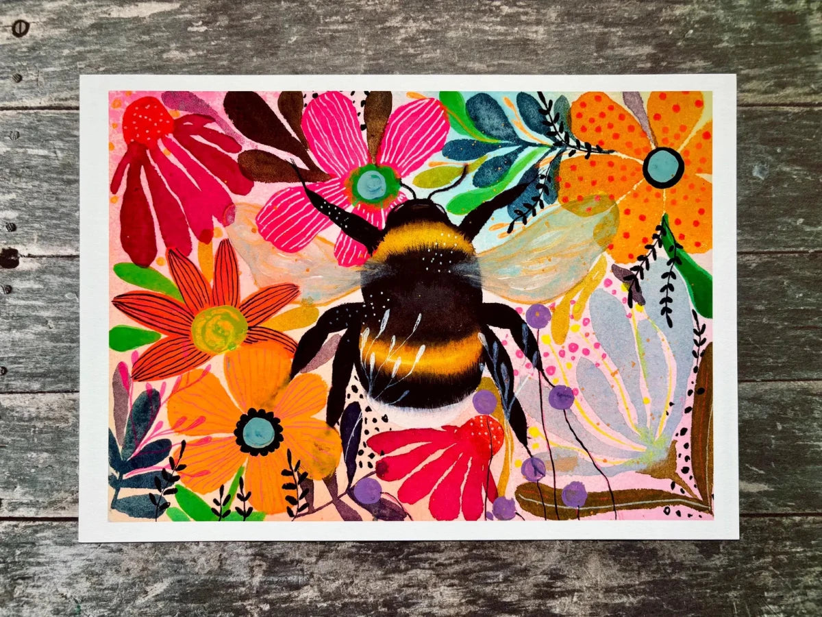 Botanical Bumblebee Garden – Bumble Bee Wall Art, Colourful Watercolour Bee Print, Floral Botanical Illustration, Cottage core Home Décor, Pollinator Art, Landscape A4 Print, Unframed - Erika's Whimsical Art