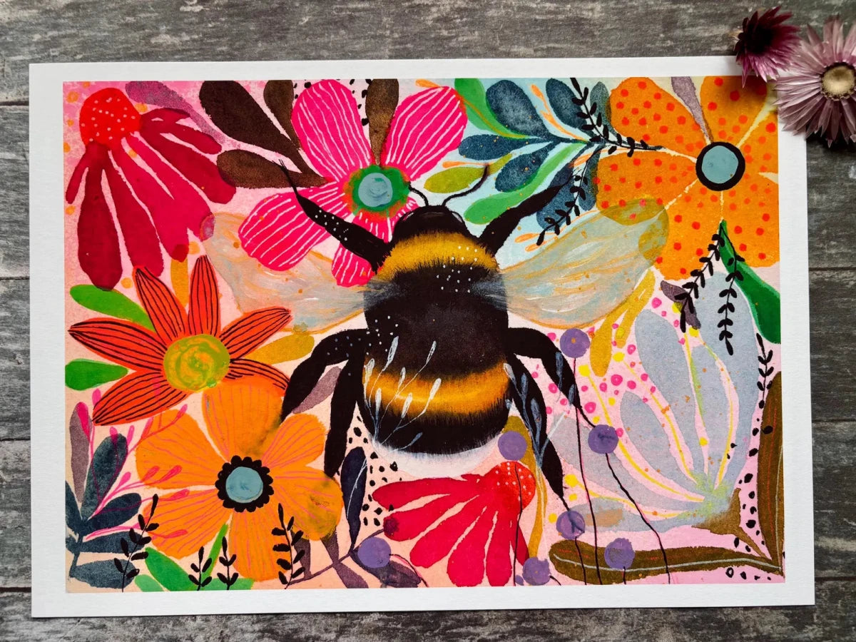 Botanical Bumblebee Garden – Bumble Bee Wall Art, Colourful Watercolour Bee Print, Floral Botanical Illustration, Cottage core Home Décor, Pollinator Art, Landscape A4 Print, Unframed - Erika's Whimsical Art