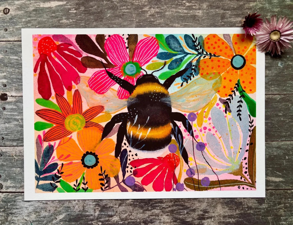 Botanical Bumblebee Garden – Bumble Bee Wall Art, Colourful Watercolour Bee Print, Floral Botanical Illustration, Cottage core Home Décor, Pollinator Art, Landscape A4 Print, Unframed - Erika's Whimsical Art