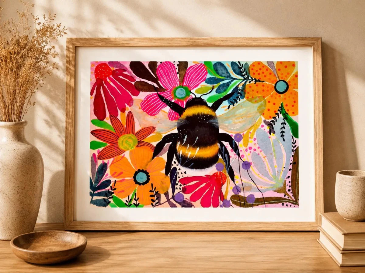 Botanical Bumblebee Garden – Bumble Bee Wall Art, Colourful Watercolour Bee Print, Floral Botanical Illustration, Cottage core Home Décor, Pollinator Art, Landscape A4 Print, Unframed - Erika's Whimsical Art