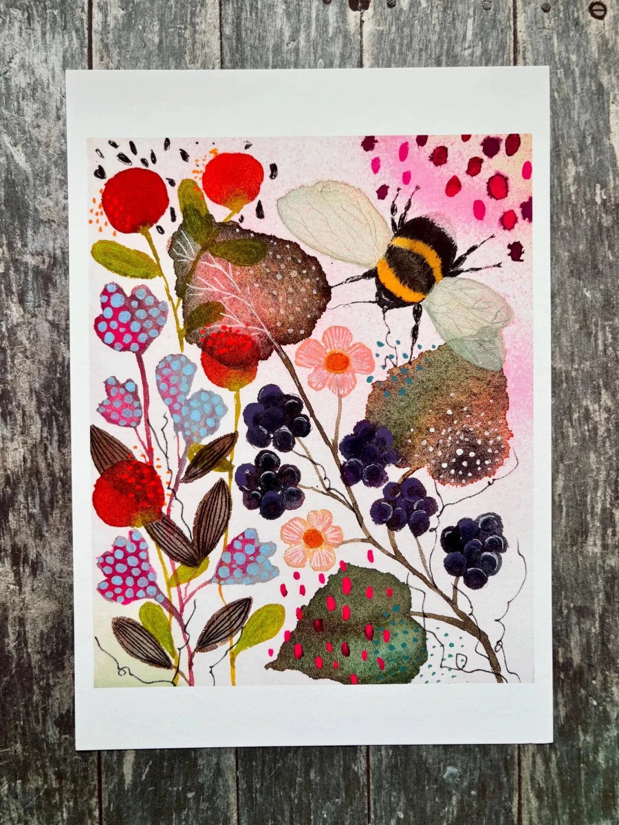 Bramble & Bumble – Bumble Bee Wall Art, Watercolour Bee Print, Berry Botanical Illustration, Cottagecore Home Decor, A4 Art Print, Unframed - Erika's Whimsical Art