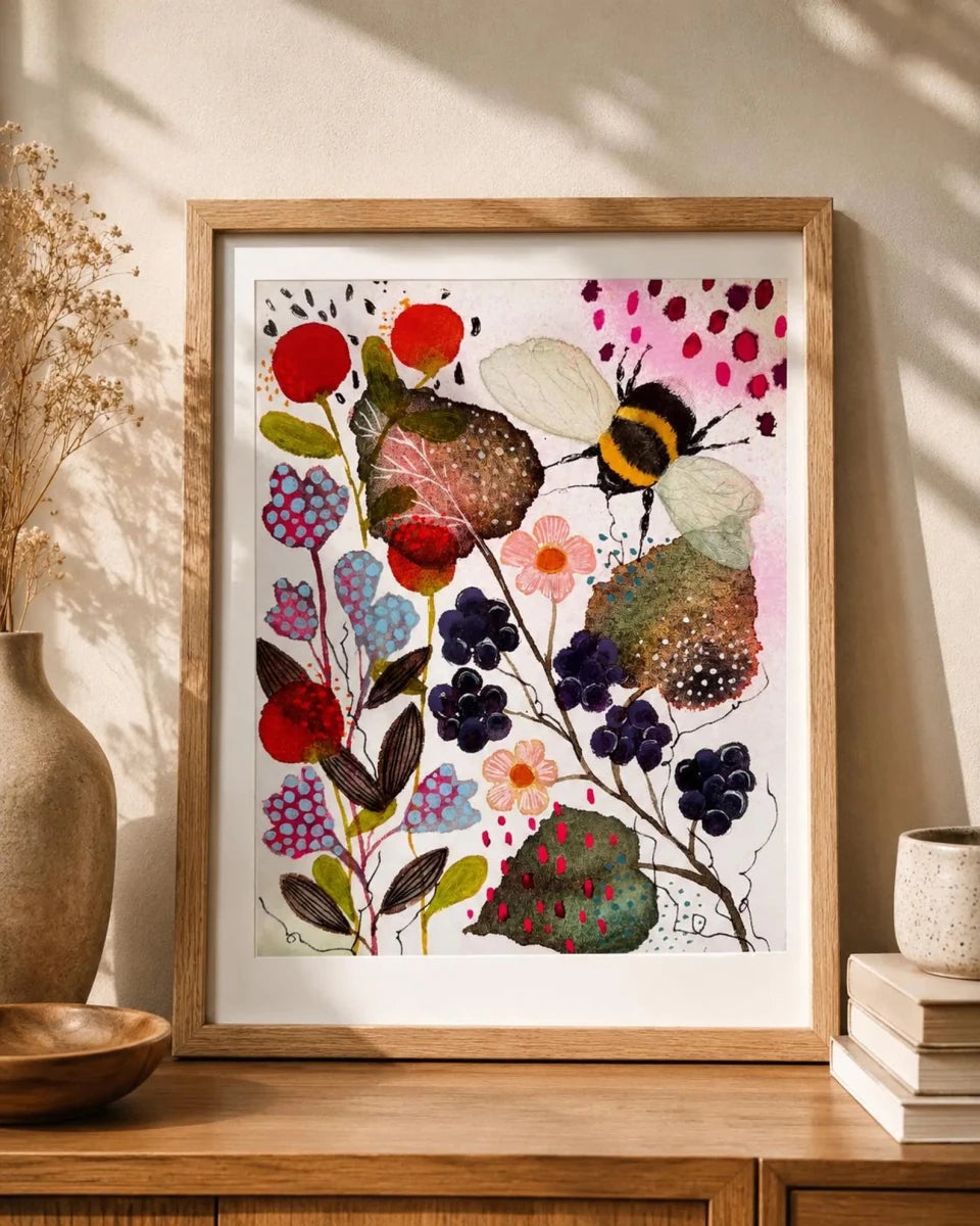 Bramble & Bumble – Bumble Bee Wall Art, Watercolour Bee Print, Berry Botanical Illustration, Cottagecore Home Decor, A4 Art Print, Unframed - Erika's Whimsical Art