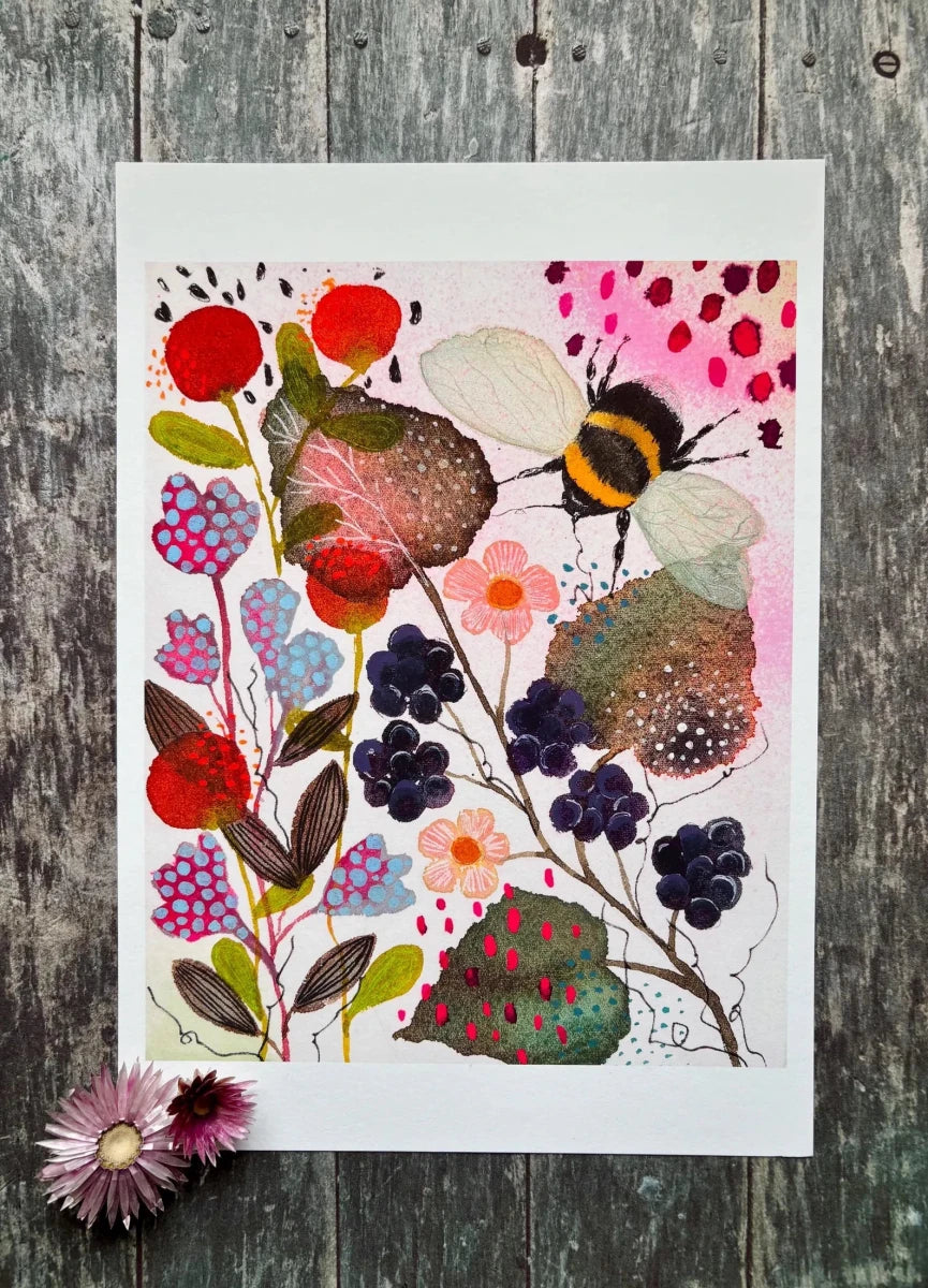 Bramble & Bumble – Bumble Bee Wall Art, Watercolour Bee Print, Berry Botanical Illustration, Cottagecore Home Decor, A4 Art Print, Unframed - Erika's Whimsical Art