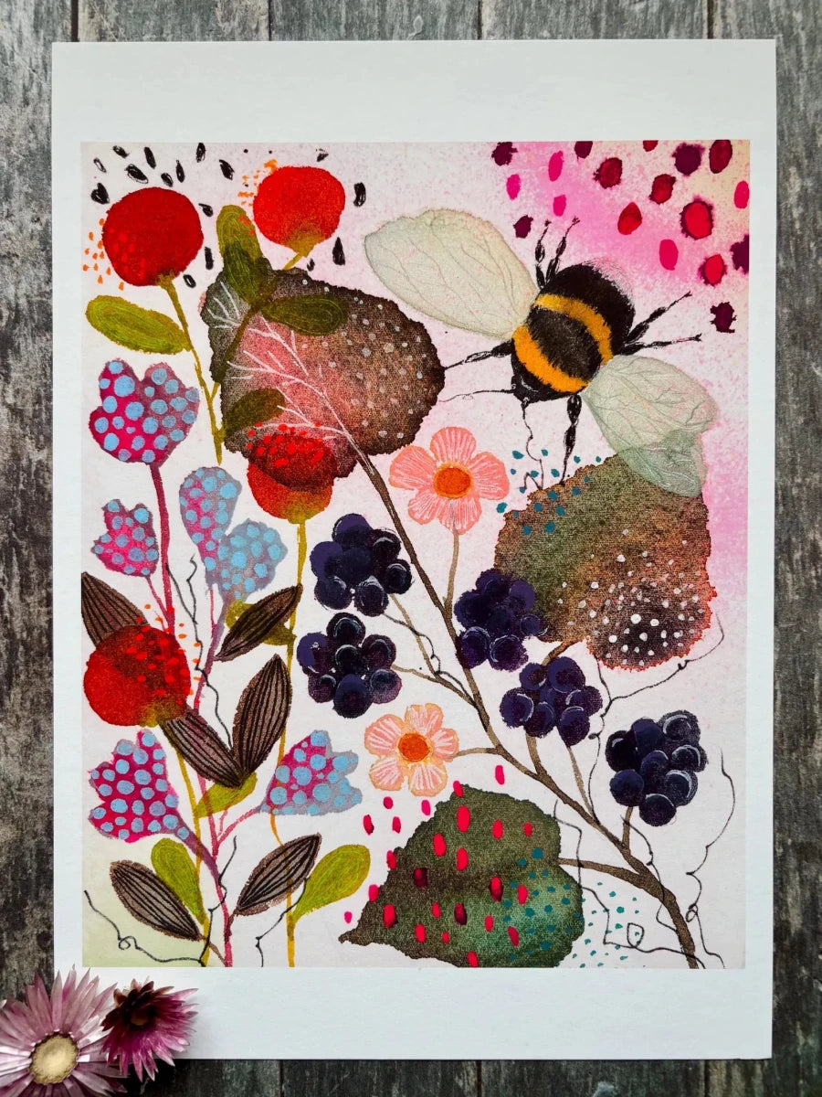 Bramble & Bumble – Bumble Bee Wall Art, Watercolour Bee Print, Berry Botanical Illustration, Cottagecore Home Decor, A4 Art Print, Unframed - Erika's Whimsical Art