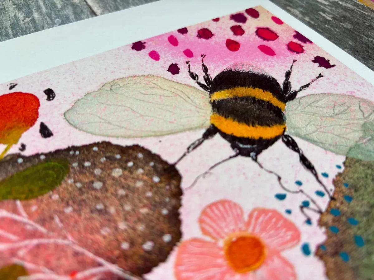 Bramble & Bumble – Bumble Bee Wall Art, Watercolour Bee Print, Berry Botanical Illustration, Cottagecore Home Decor, A4 Art Print, Unframed - Erika's Whimsical Art