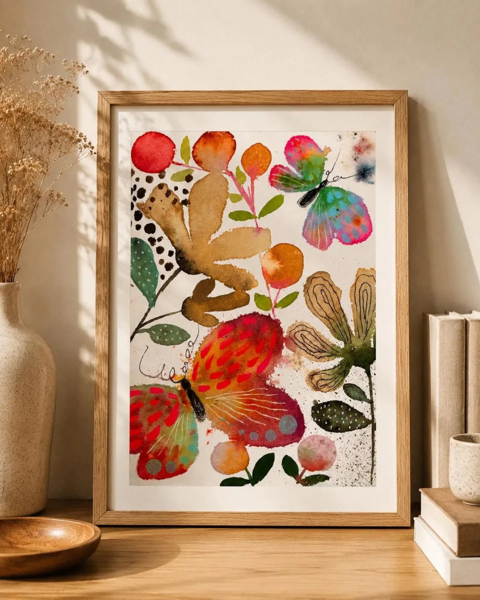 Butterfly Daydream – Colourful Butterfly Wall Art, Watercolour Butterfly Print, Contemporary Botanical Illustration, A4 Art Print, Modern Home Décor, Unframed - Erika's Whimsical Art
