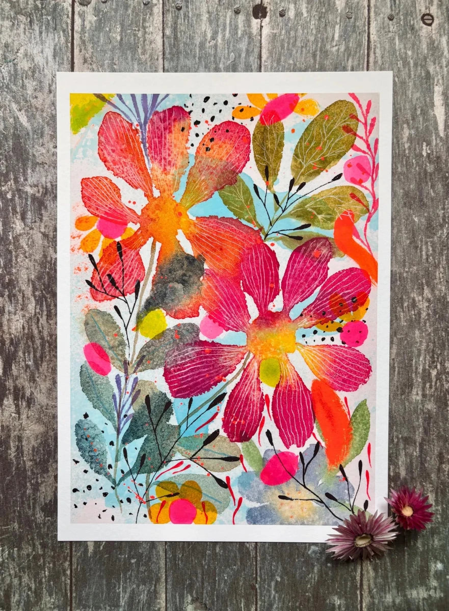 Coral Blossom Garden – Bold Floral Wall Art, Colourful Watercolour Print, Botanical Illustration, Maximalist Home Décor, Cottage core Art, A4 Art Print, Unframed - Erika's Whimsical Art