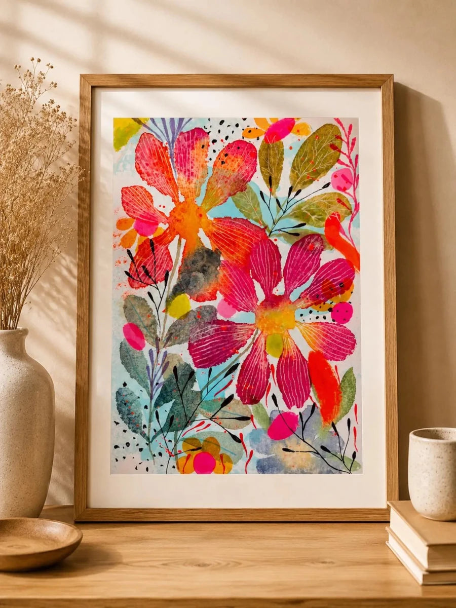 Coral Blossom Garden – Bold Floral Wall Art, Colourful Watercolour Print, Botanical Illustration, Maximalist Home Décor, Cottage core Art, A4 Art Print, Unframed - Erika's Whimsical Art
