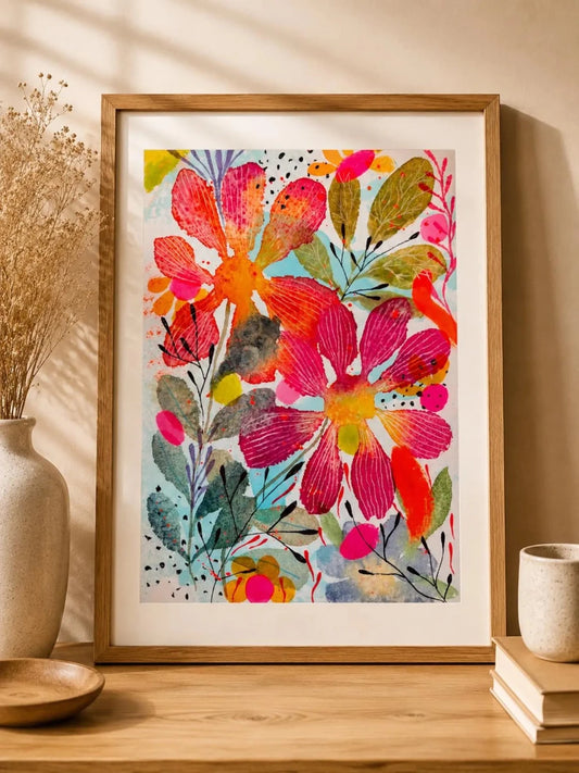 Coral Blossom Garden – Bold Floral Wall Art, Colourful Watercolour Print, Botanical Illustration, Maximalist Home Décor, Cottage core Art, A4 Art Print, Unframed - Erika's Whimsical Art