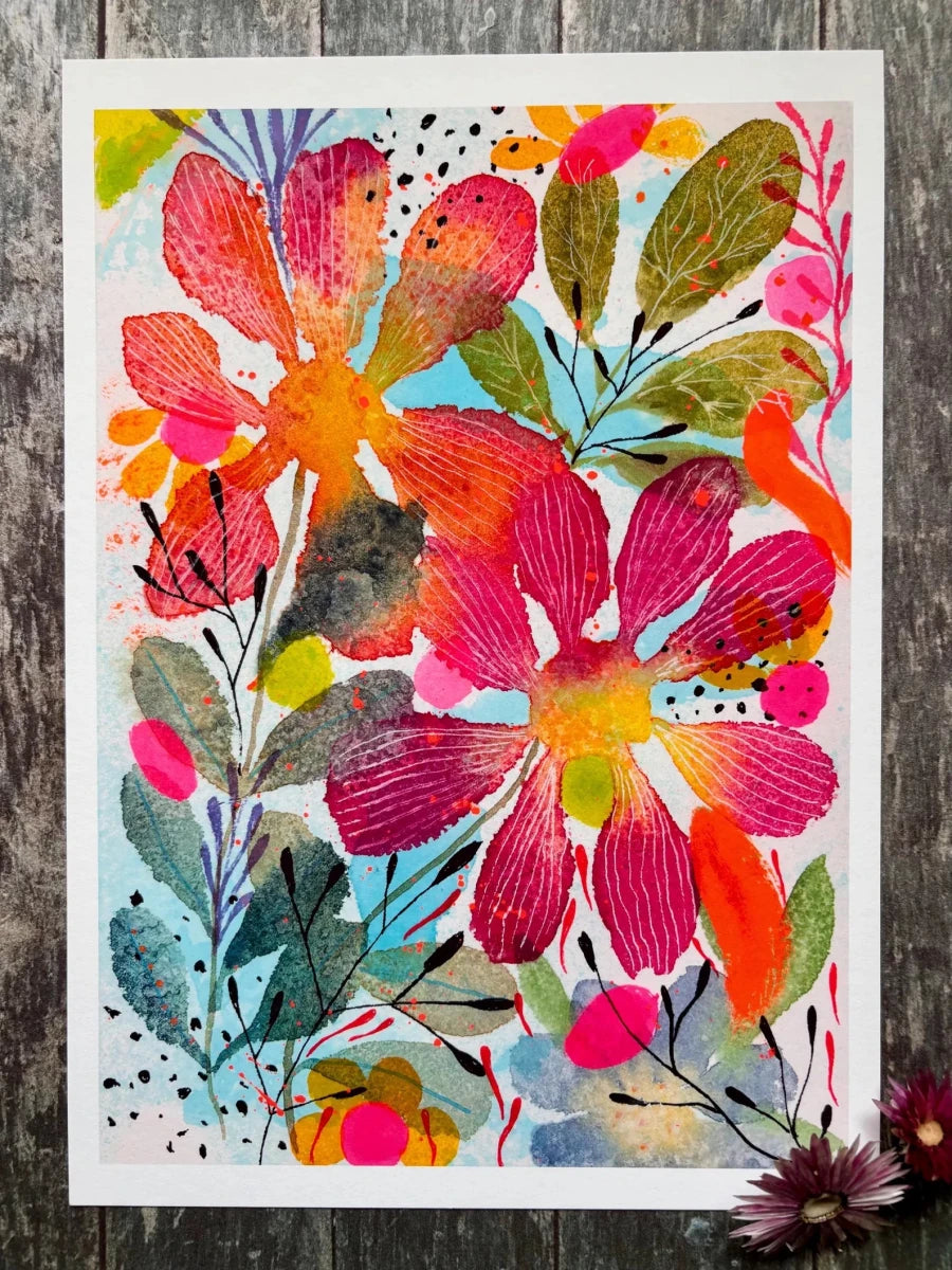Coral Blossom Garden – Bold Floral Wall Art, Colourful Watercolour Print, Botanical Illustration, Maximalist Home Décor, Cottage core Art, A4 Art Print, Unframed - Erika's Whimsical Art