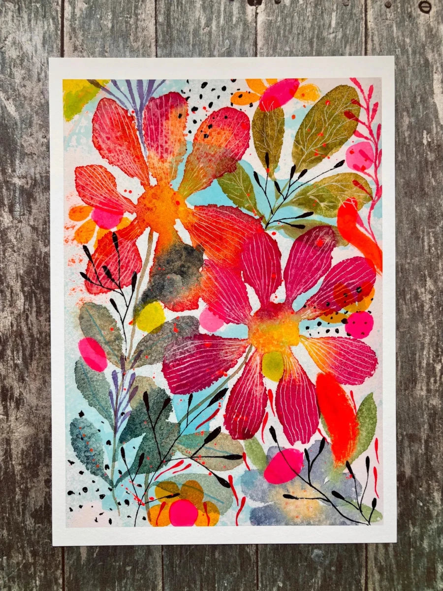 Coral Blossom Garden – Bold Floral Wall Art, Colourful Watercolour Print, Botanical Illustration, Maximalist Home Décor, Cottage core Art, A4 Art Print, Unframed - Erika's Whimsical Art