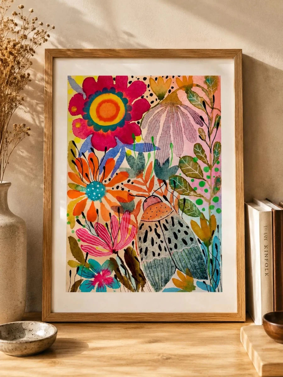 Festival in Bloom – Colourful Floral Wall Art, Maximalist Botanical Print, Watercolour Flower Illustration, Boho Home Décor, A4 Art Print, Unframed - Erika's Whimsical Art