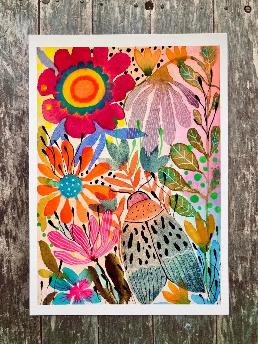 Festival in Bloom – Colourful Floral Wall Art, Maximalist Botanical Print, Watercolour Flower Illustration, Boho Home Décor, A4 Art Print, Unframed - Erika's Whimsical Art