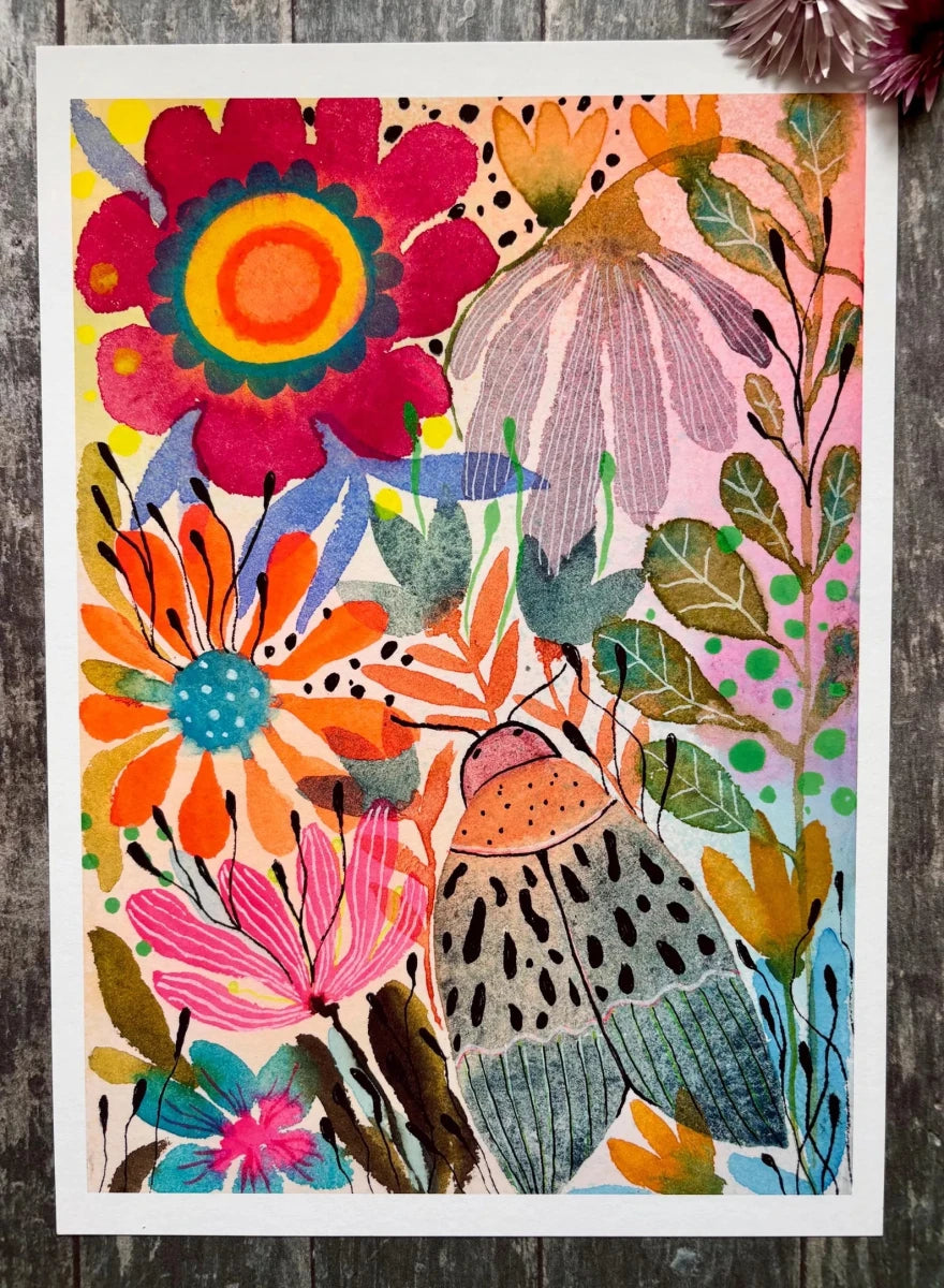 Festival in Bloom – Colourful Floral Wall Art, Maximalist Botanical Print, Watercolour Flower Illustration, Boho Home Décor, A4 Art Print, Unframed - Erika's Whimsical Art