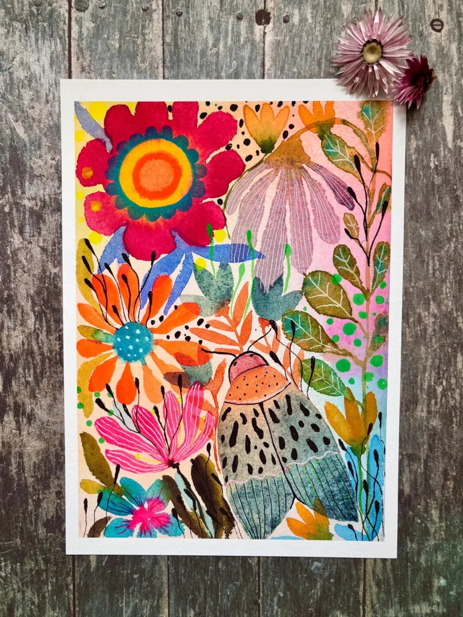 Festival in Bloom – Colourful Floral Wall Art, Maximalist Botanical Print, Watercolour Flower Illustration, Boho Home Décor, A4 Art Print, Unframed - Erika's Whimsical Art