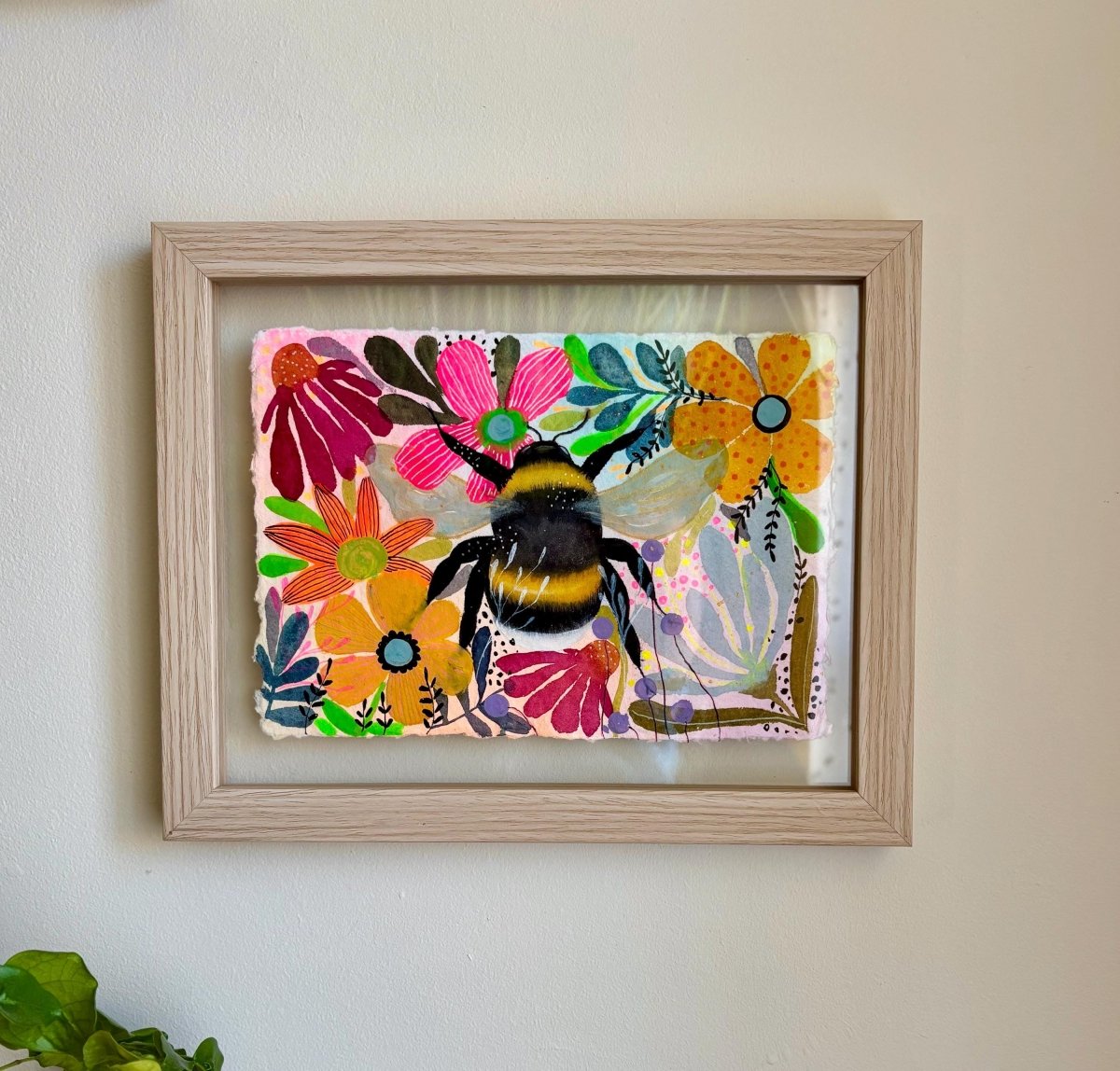 Floral Bee Watercolor Painting: Handmade Cotton Paper Art - Erika's Whimsical Art