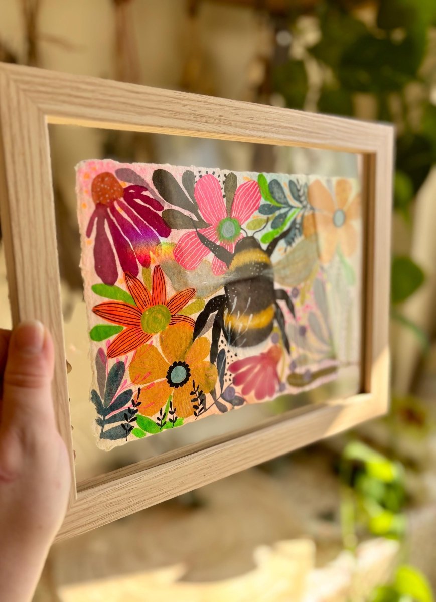 Floral Bee Watercolor Painting: Handmade Cotton Paper Art - Erika's Whimsical Art