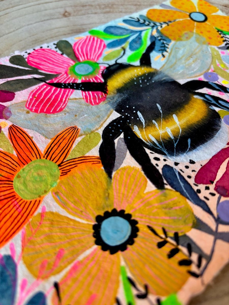Floral Bee Watercolor Painting: Handmade Cotton Paper Art - Erika's Whimsical Art
