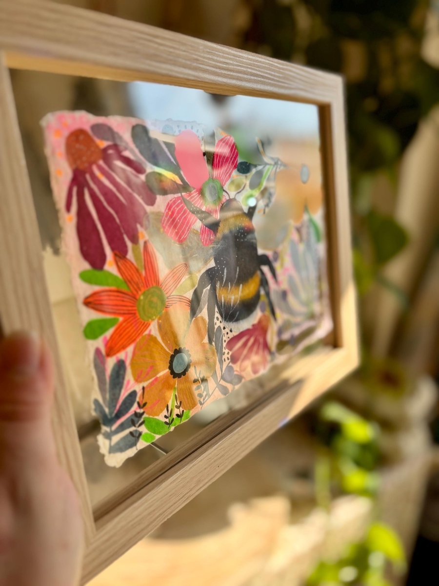 Floral Bee Watercolor Painting: Handmade Cotton Paper Art - Erika's Whimsical Art