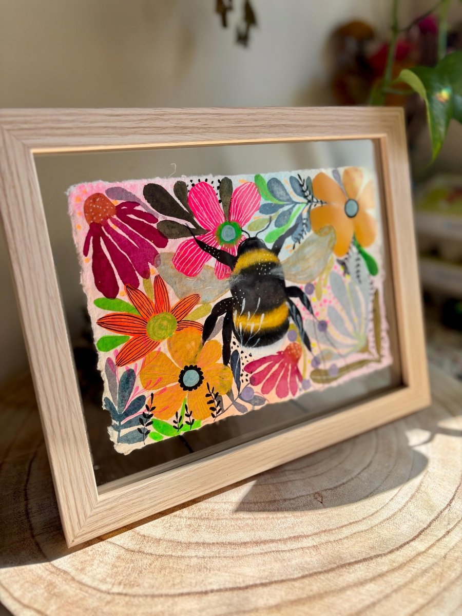Floral Bee Watercolor Painting: Handmade Cotton Paper Art - Erika's Whimsical Art