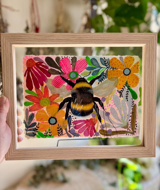 Floral Bee Watercolor Painting: Handmade Cotton Paper Art - Erika's Whimsical Art