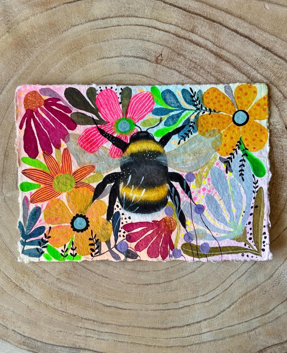 Floral Bee Watercolor Painting: Handmade Cotton Paper Art - Erika's Whimsical Art
