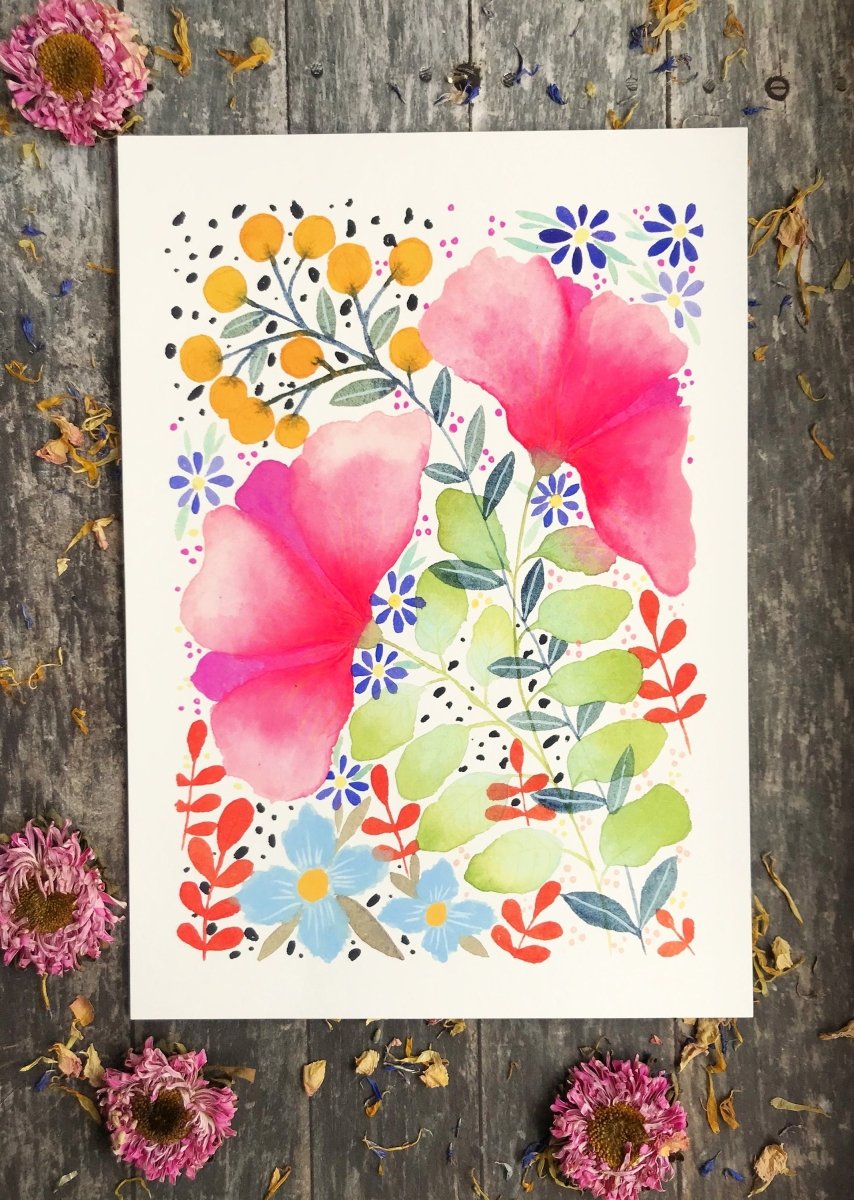 Floral wall art, Hares, Watercolour floral print,A4 Art Print, Home Décor, Nursery Art, Unframed, Botanical Prints, Boho wall art - Erika's Whimsical Art