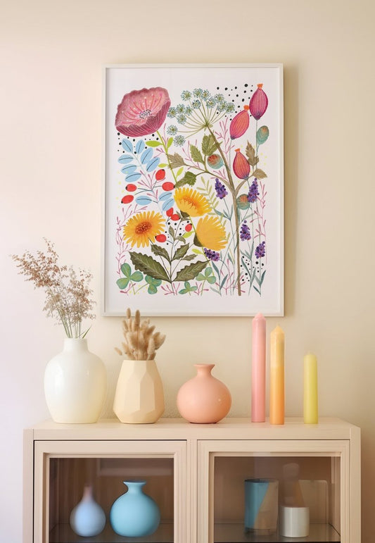 Floral wall art, Hares, Watercolour floral print,A4 Art Print, Home Décor, Nursery Art, Unframed, Botanical Prints, Boho wall art - Erika's Whimsical Art