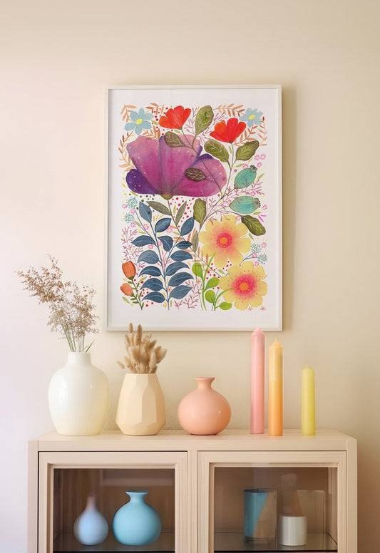 Floral wall art, Hares, Watercolour floral print,A4 Art Print, Home Décor, Nursery Art, Unframed, Botanical Prints, Boho wall art - Erika's Whimsical Art