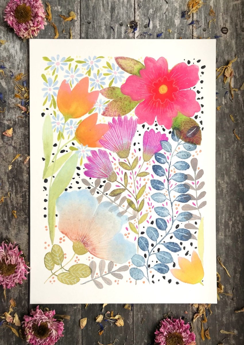 Floral wall art, Hares, Watercolour floral print,A4 Art Print, Home Décor, Nursery Art, Unframed, Botanical Prints, Boho wall art - Erika's Whimsical Art