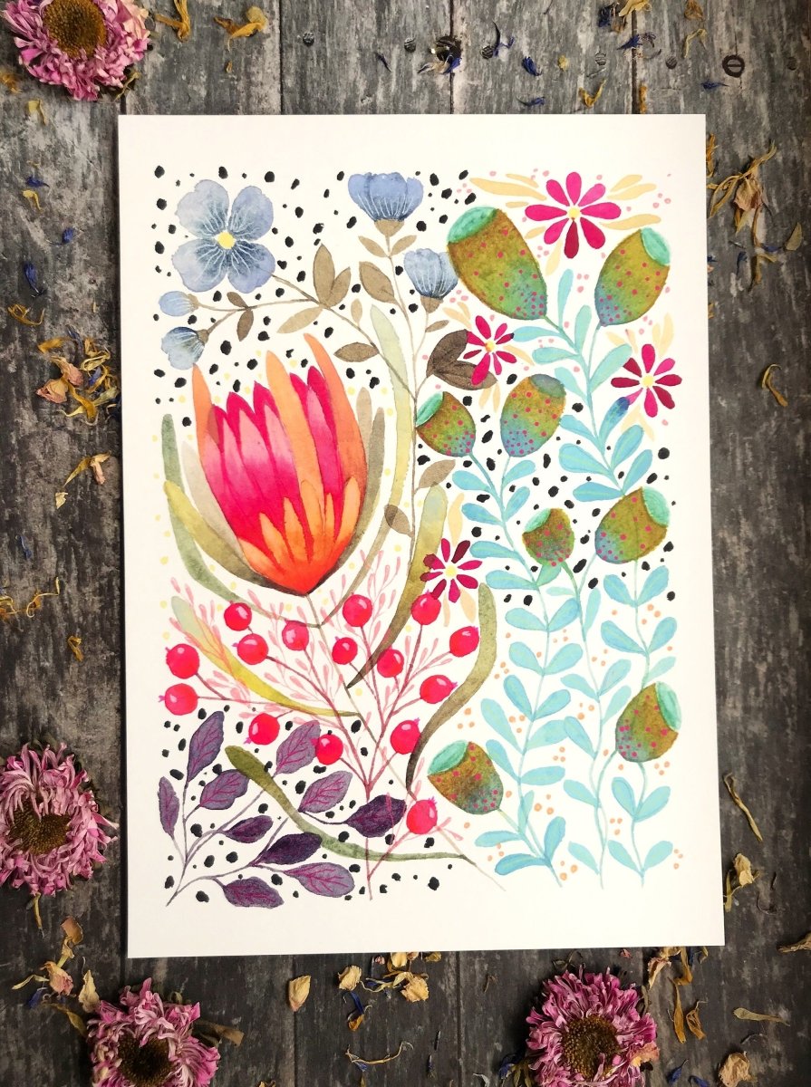 Floral wall art, Hares, Watercolour floral print,A4 Art Print, Home Décor, Nursery Art, Unframed, Botanical Prints, Boho wall art - Erika's Whimsical Art