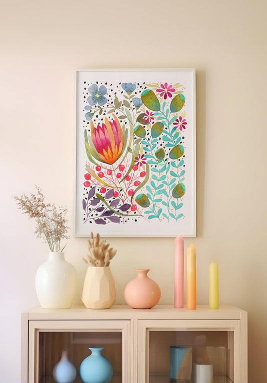 Floral wall art, Hares, Watercolour floral print,A4 Art Print, Home Décor, Nursery Art, Unframed, Botanical Prints, Boho wall art - Erika's Whimsical Art