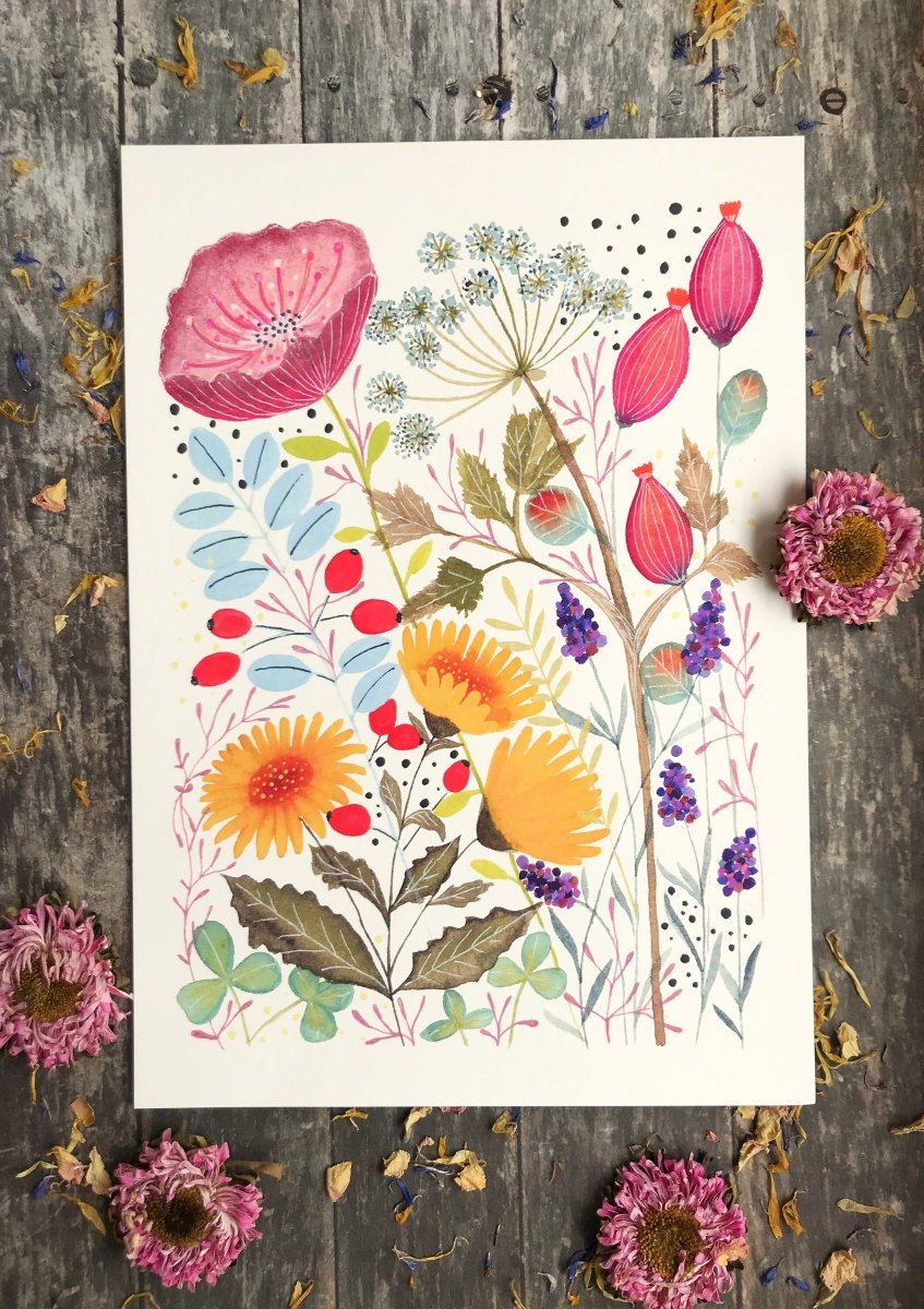 Floral wall art, Hares, Watercolour floral print,A4 Art Print, Home Décor, Nursery Art, Unframed, Botanical Prints, Boho wall art - Erika's Whimsical Art