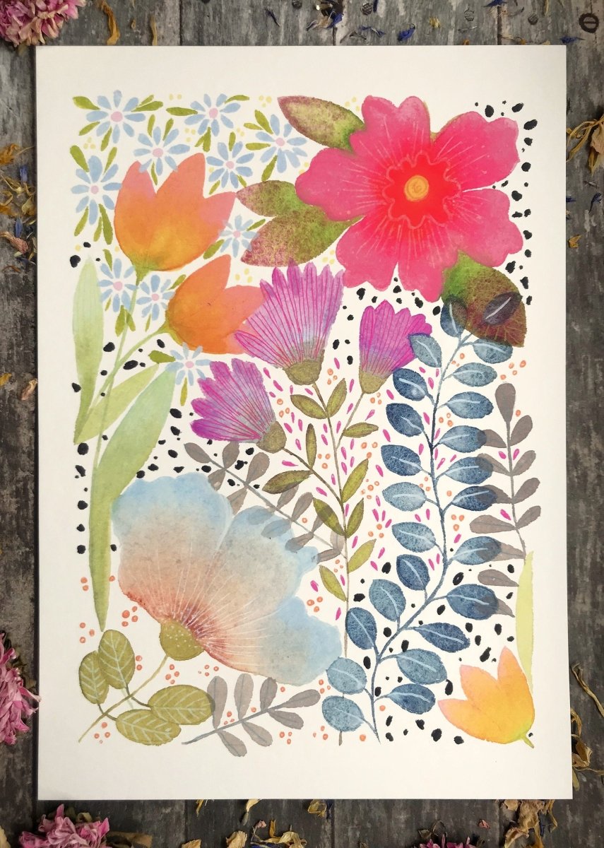 Floral wall art, Hares, Watercolour floral print,A4 Art Print, Home Décor, Nursery Art, Unframed, Botanical Prints, Boho wall art - Erika's Whimsical Art