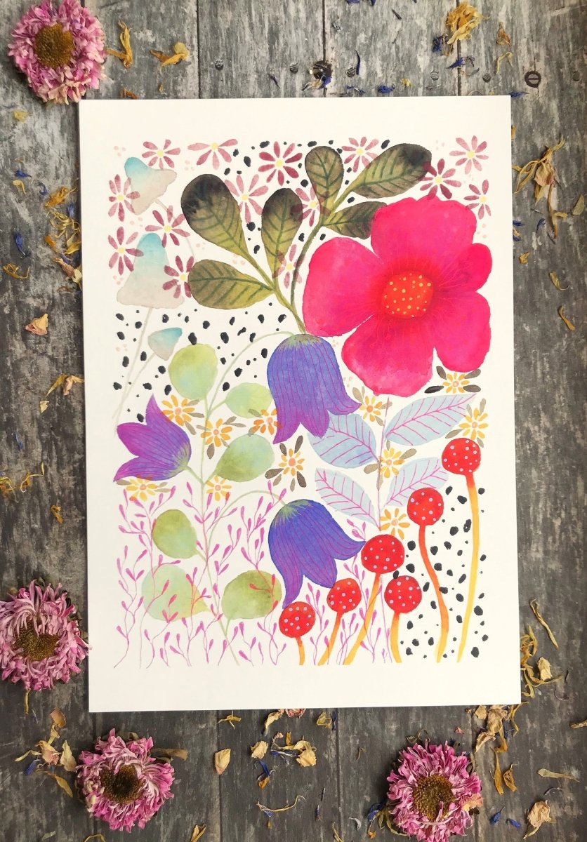 Floral wall art, Hares, Watercolour floral print,A4 Art Print, Home Décor, Nursery Art, Unframed, Botanical Prints, Boho wall art - Erika's Whimsical Art