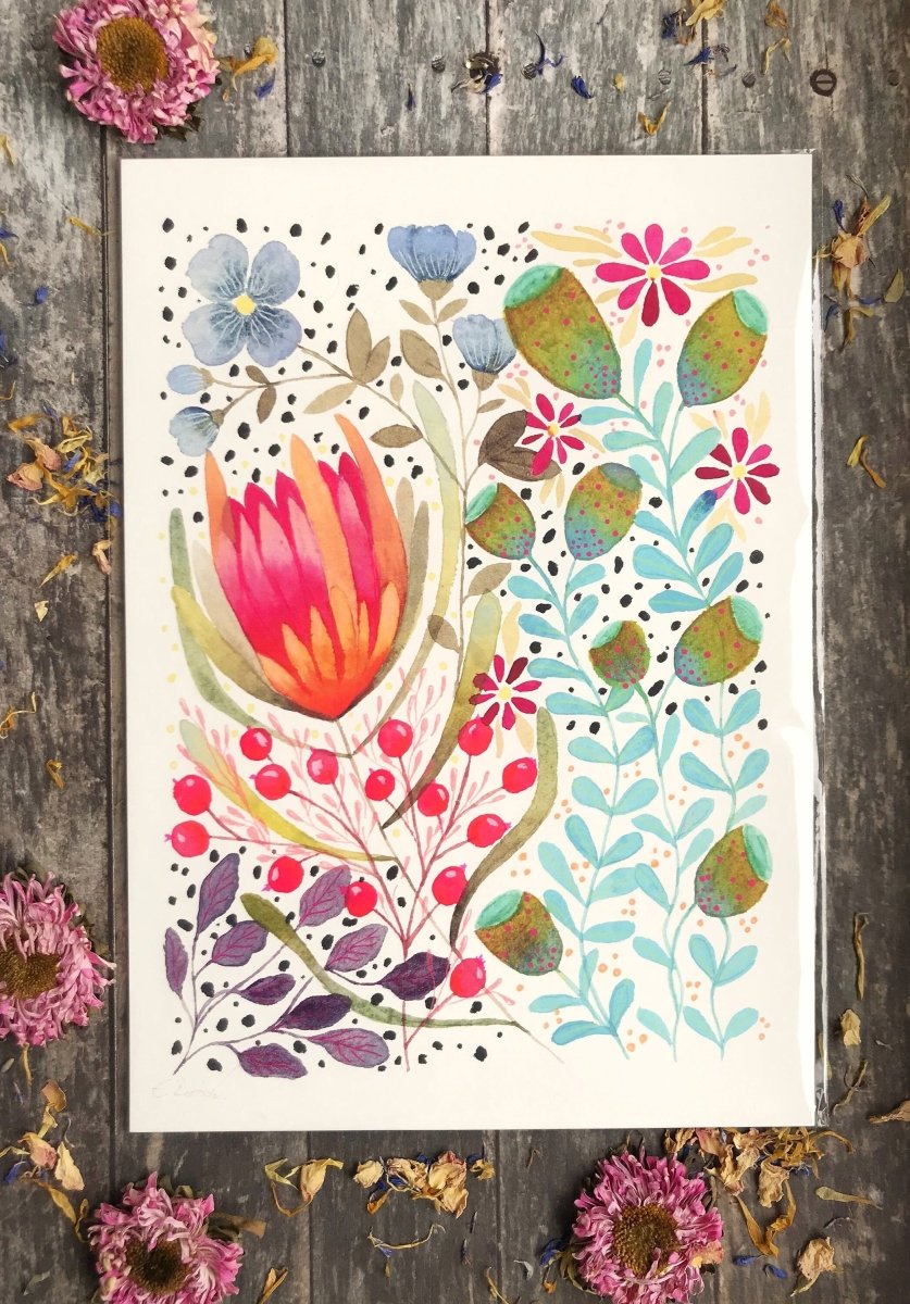 Floral wall art, Hares, Watercolour floral print,A4 Art Print, Home Décor, Nursery Art, Unframed, Botanical Prints, Boho wall art - Erika's Whimsical Art