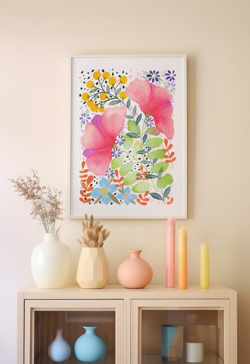 Floral wall art, Hares, Watercolour floral print,A4 Art Print, Home Décor, Nursery Art, Unframed, Botanical Prints, Boho wall art - Erika's Whimsical Art