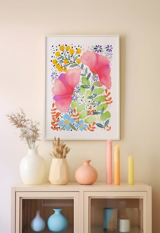 Floral wall art, Hares, Watercolour floral print,A4 Art Print, Home Décor, Nursery Art, Unframed, Botanical Prints, Boho wall art - Erika's Whimsical Art