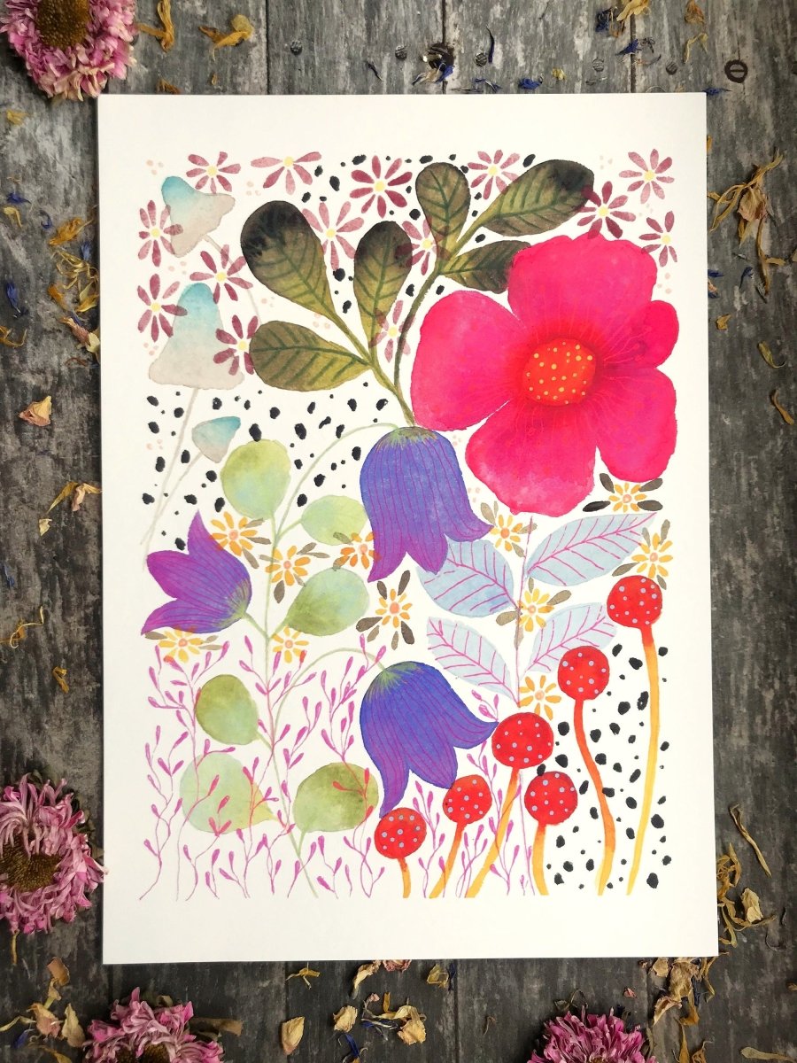 Floral wall art, Hares, Watercolour floral print,A4 Art Print, Home Décor, Nursery Art, Unframed, Botanical Prints, Boho wall art - Erika's Whimsical Art
