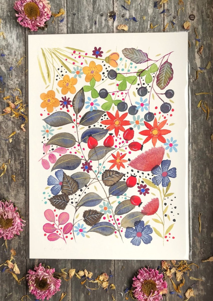 Floral wall art, Hares, Watercolour floral print,A4 Art Print, Home Décor, Nursery Art, Unframed, Botanical Prints, Boho wall art - Erika's Whimsical Art