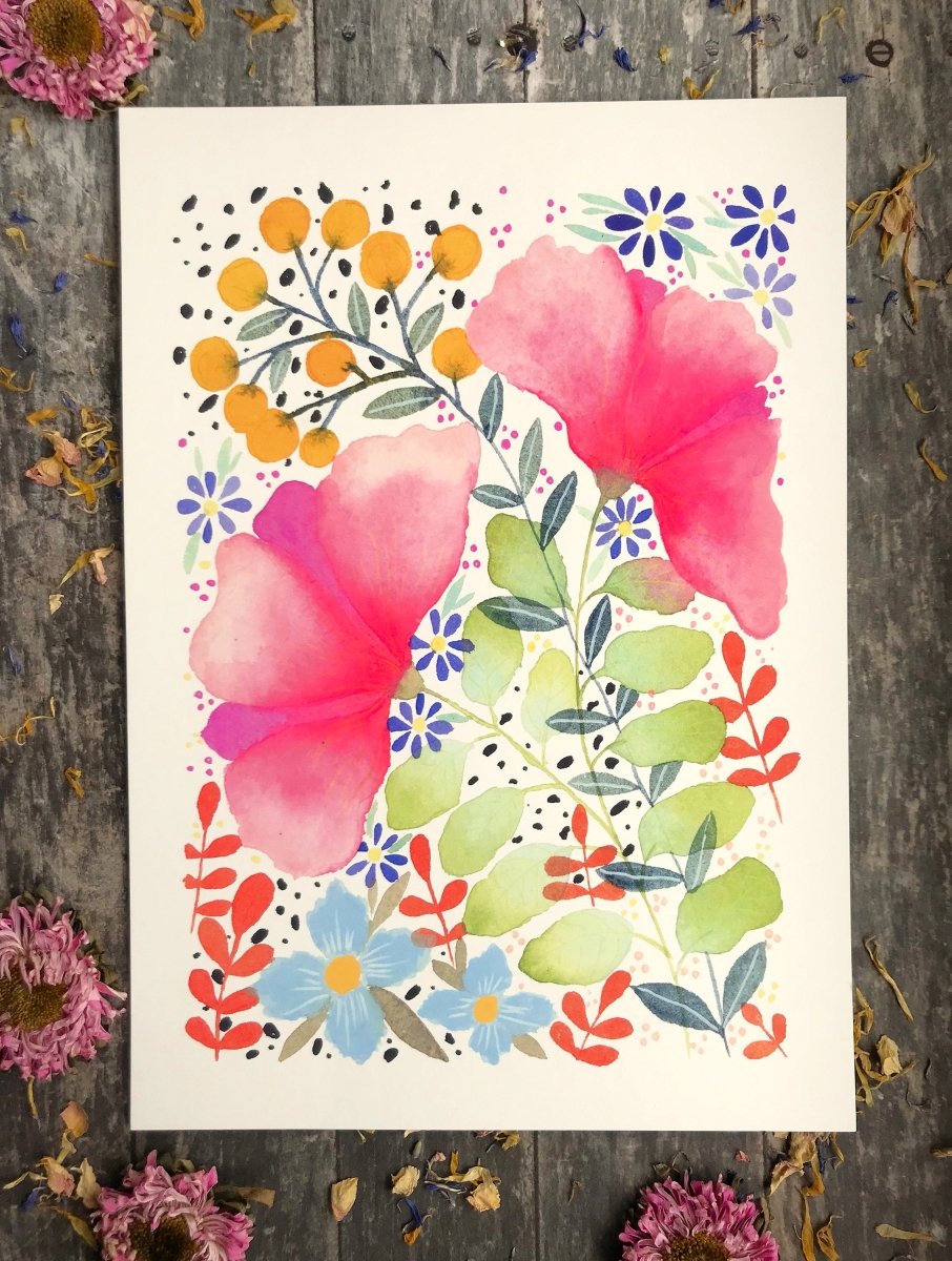 Floral wall art, Hares, Watercolour floral print,A4 Art Print, Home Décor, Nursery Art, Unframed, Botanical Prints, Boho wall art - Erika's Whimsical Art