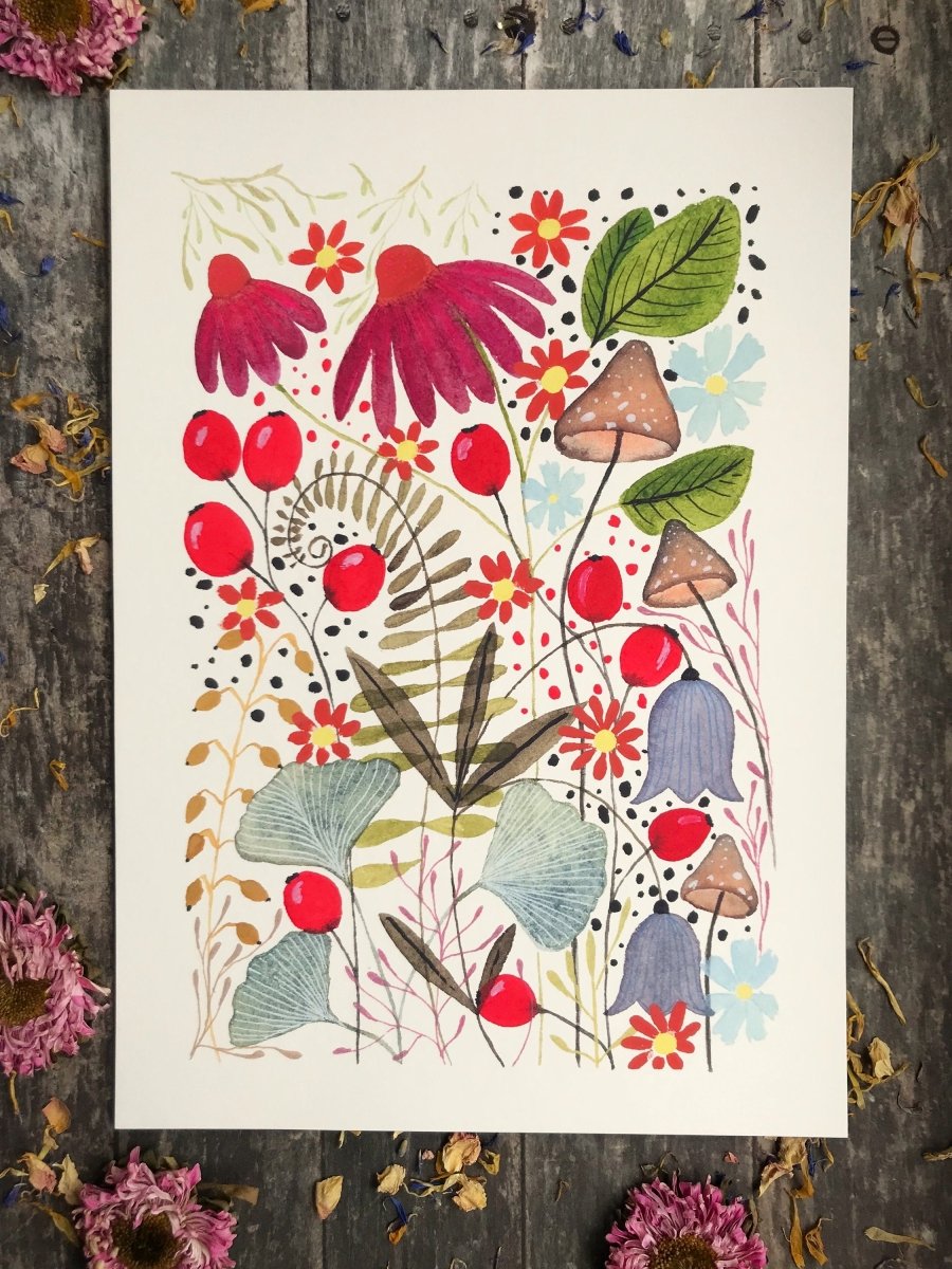 Floral wall art, Hares, Watercolour floral print,A4 Art Print, Home Décor, Nursery Art, Unframed, Botanical Prints, Boho wall art - Erika's Whimsical Art