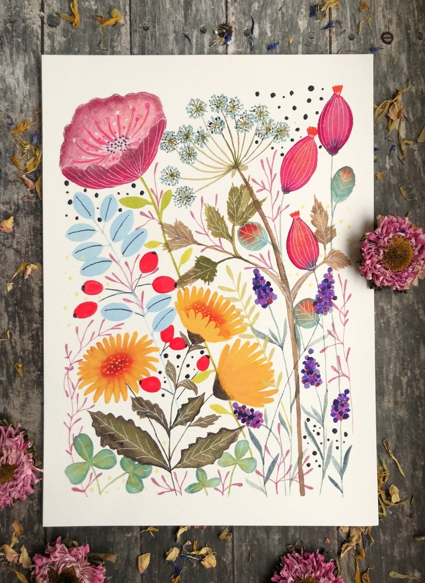 Floral wall art, Hares, Watercolour floral print,A4 Art Print, Home Décor, Nursery Art, Unframed, Botanical Prints, Boho wall art - Erika's Whimsical Art