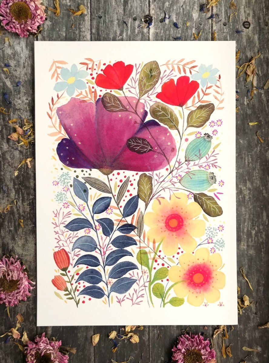 Floral wall art, Hares, Watercolour floral print,A4 Art Print, Home Décor, Nursery Art, Unframed, Botanical Prints, Boho wall art - Erika's Whimsical Art
