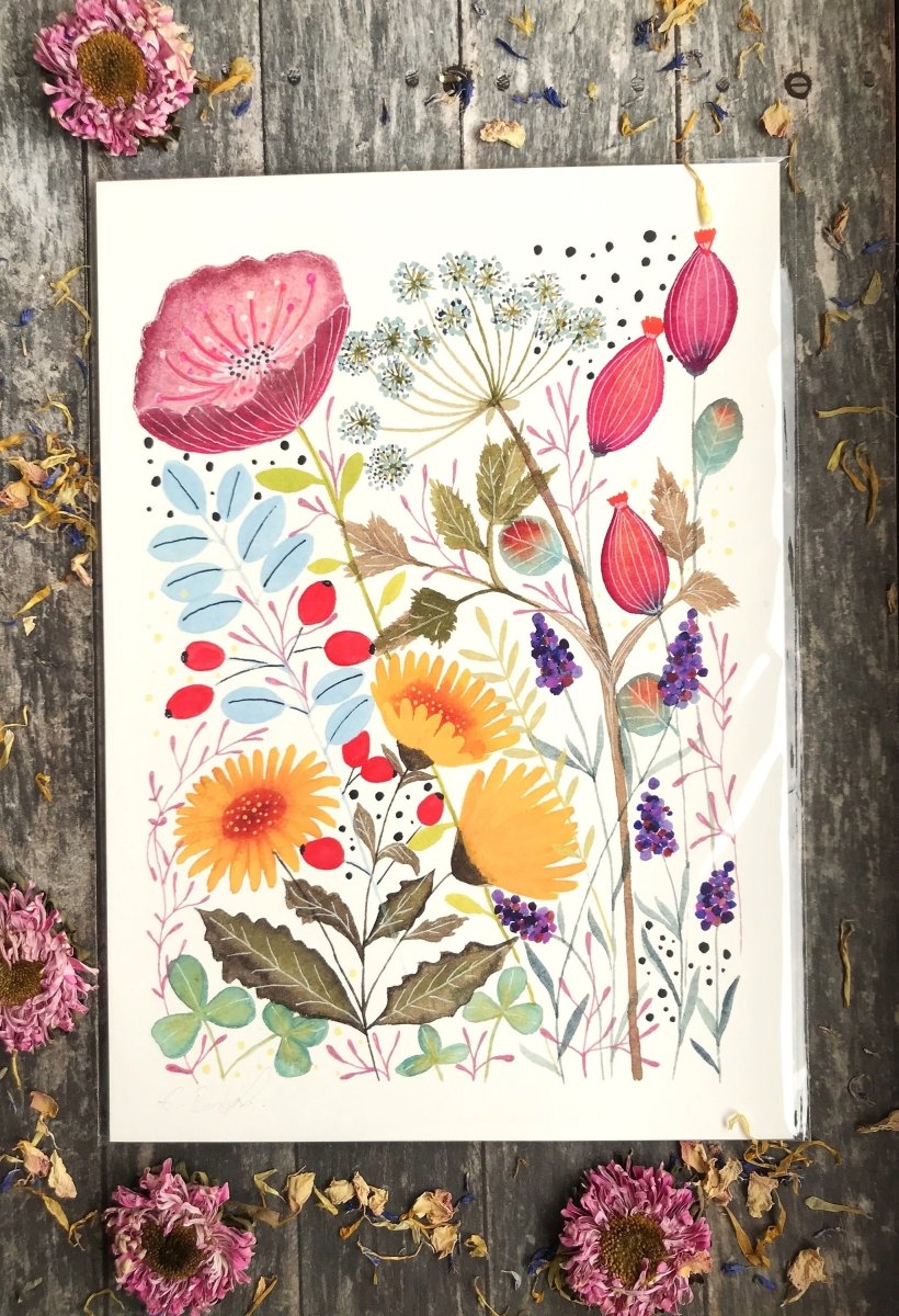 Floral wall art, Hares, Watercolour floral print,A4 Art Print, Home Décor, Nursery Art, Unframed, Botanical Prints, Boho wall art - Erika's Whimsical Art