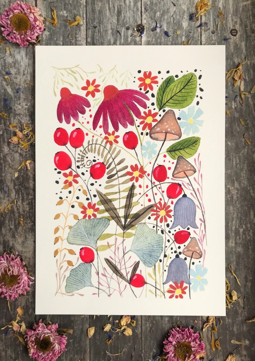 Floral wall art, Hares, Watercolour floral print,A4 Art Print, Home Décor, Nursery Art, Unframed, Botanical Prints, Boho wall art - Erika's Whimsical Art