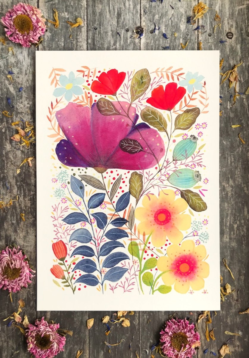 Floral wall art, Hares, Watercolour floral print,A4 Art Print, Home Décor, Nursery Art, Unframed, Botanical Prints, Boho wall art - Erika's Whimsical Art