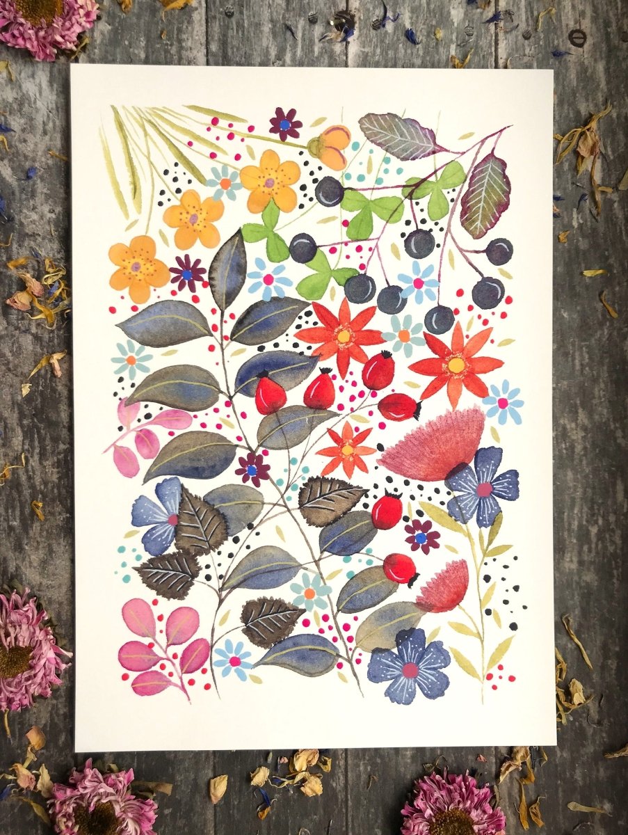 Floral wall art, Hares, Watercolour floral print,A4 Art Print, Home Décor, Nursery Art, Unframed, Botanical Prints, Boho wall art - Erika's Whimsical Art