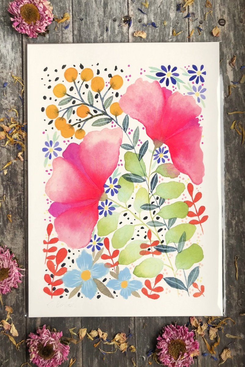 Floral wall art, Hares, Watercolour floral print,A4 Art Print, Home Décor, Nursery Art, Unframed, Botanical Prints, Boho wall art - Erika's Whimsical Art